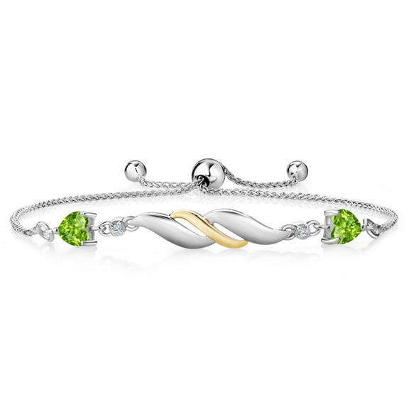 925 Sterling Silver and 10K Yellow Gold Green Peridot and White Lab Grown Diamond Tennis Bracelet for Women (1.02 Cttw, Heart Shape 5MM, Gemstone Birthstone, Fully Adjustable up to 9 inch)