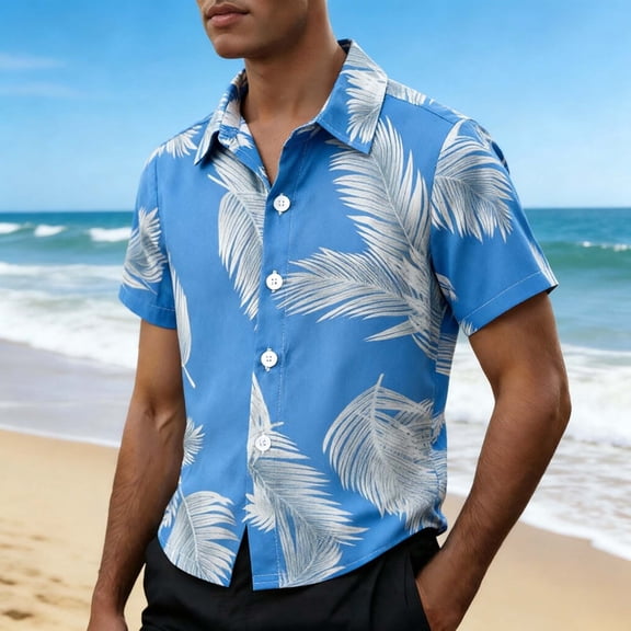 TrendOFT Mens Hawaiian Shirt Short Sleeve Floral Button Down Shirts Tropical Holiday Beach Shirts Blue