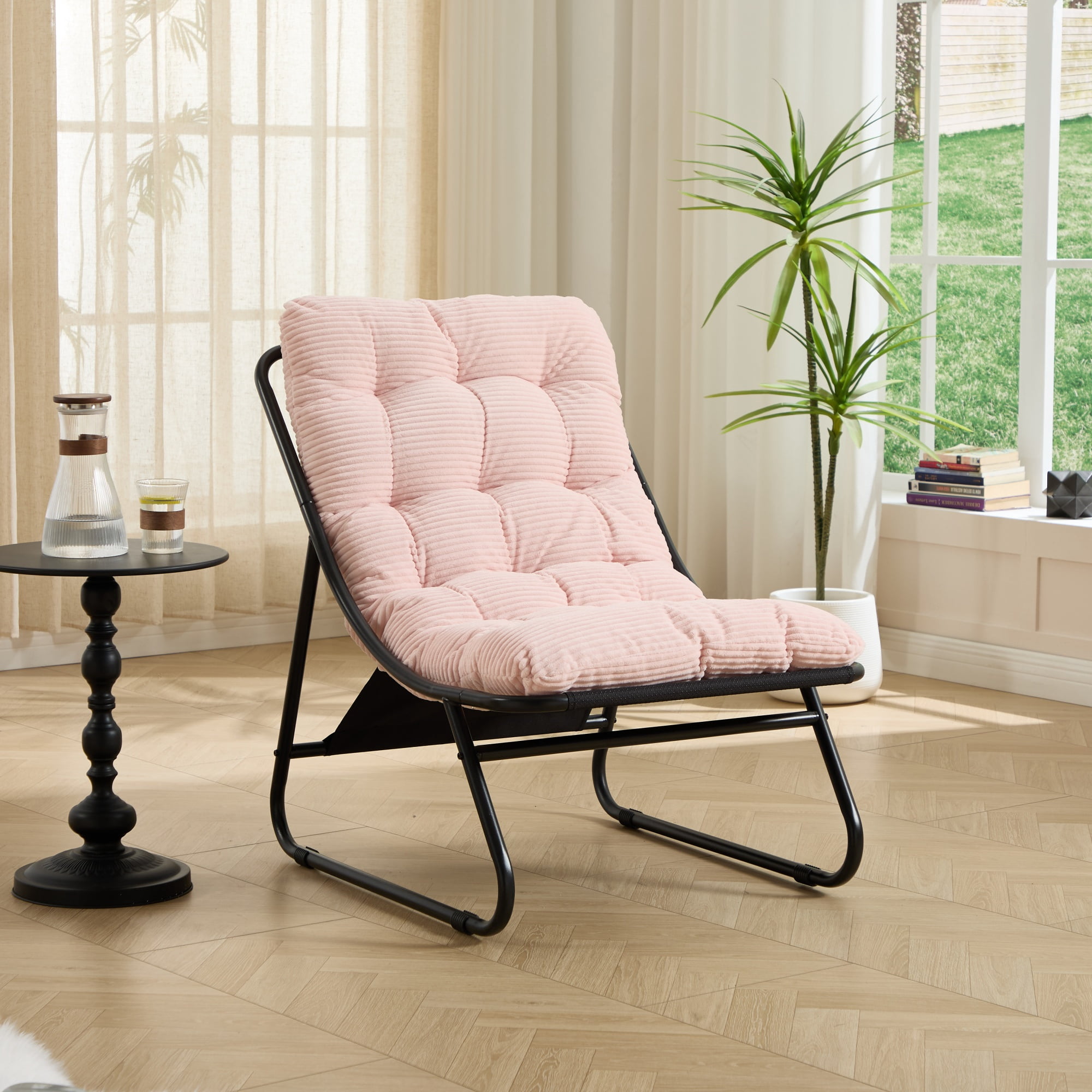 Outdoor Lounge Chair with Ottoman, Patio Sling Recliner with Puffy Cushion, Comfy Chaise Lounge with Foot Stool for Patio, Pool, Backyard, Black/Pink
