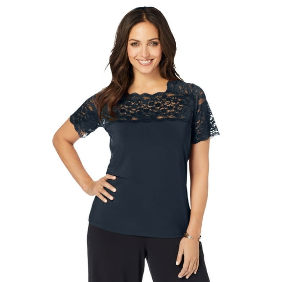Jessica London Women's Plus Size Stretch Lace Neckline Top