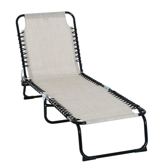 Outsunny Folding Outdoor Lounge Chair, 4-Level Adjustable Backrest Chaise Lounge, Portable Tanning Chair, Beach Bed with Breathable Mesh for Beach, Yard, Patio, Beige