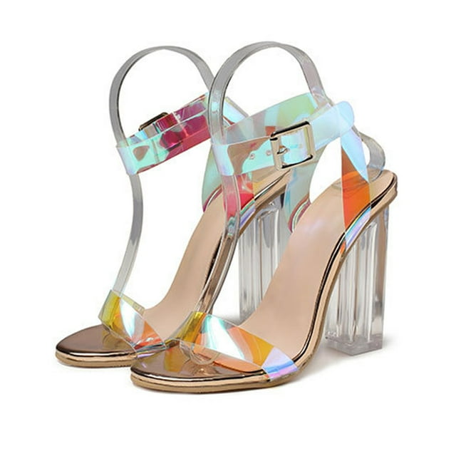 LSLJS Women's High Heel Shoes Pumps Buckle Strap Casual Pointed Toe Sandals Transparent Crystal Slippers