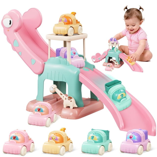 Juguete con forma de dinosaurio para rampa de coche, CRATIVWOOD, con 4 coches de empuje