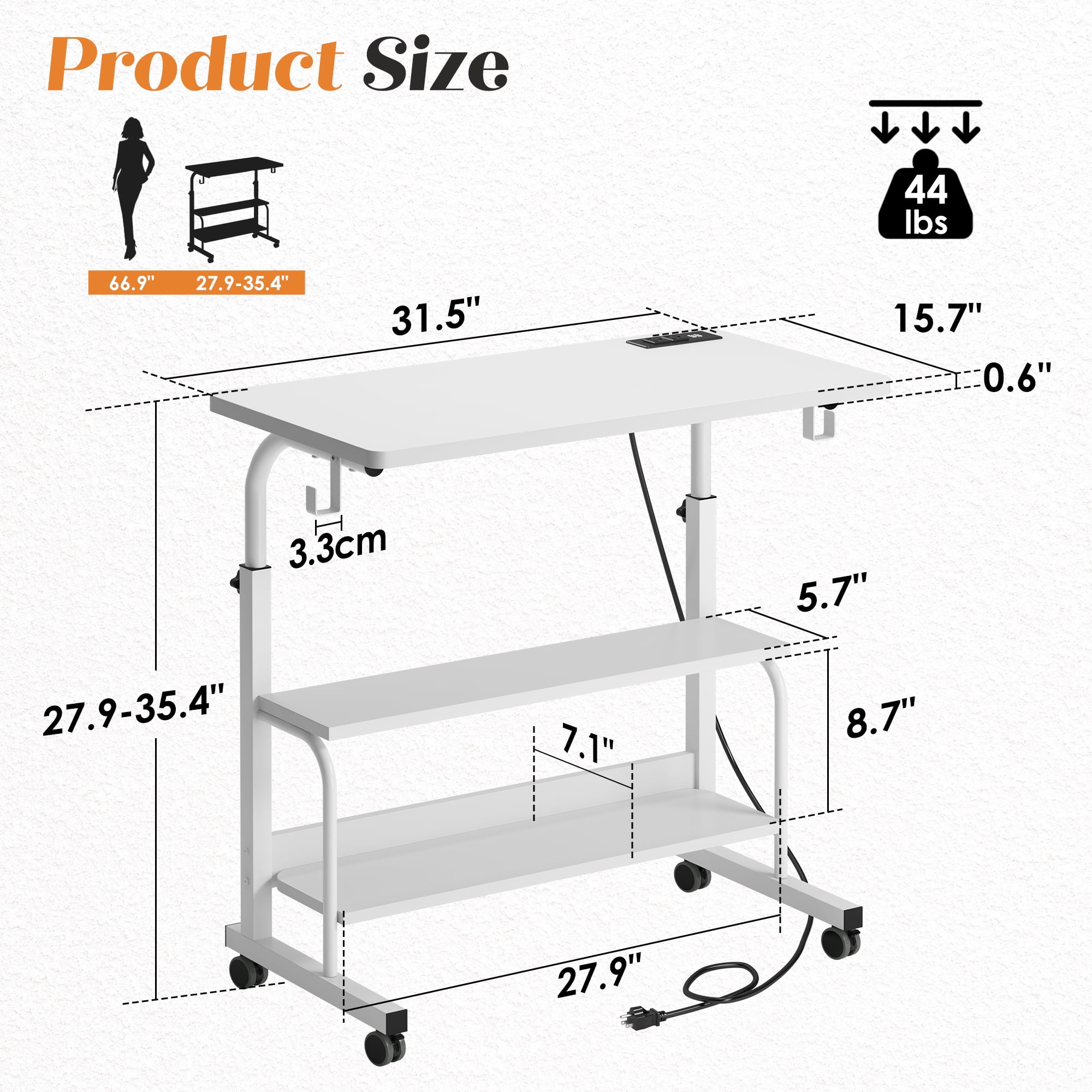 Soges 31.5" Height Adjustable Computer Desk with Charging Station, Adjustable Side Table Movable Laptop Desk with 2 Storage Shelves, Adjustable Desk on Wheels for Home Office, Sofa, Bed, White