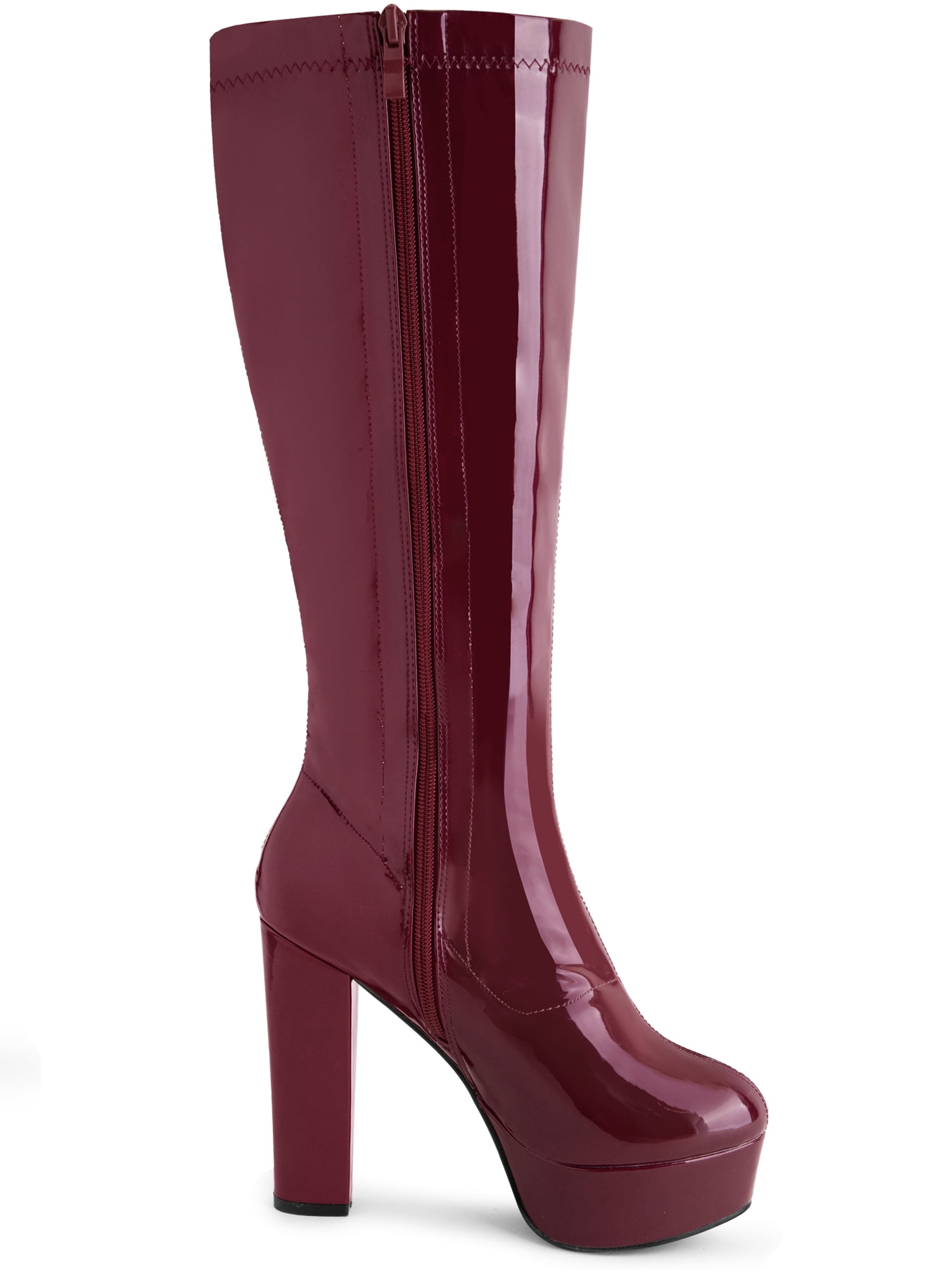 DARING DIVA Women's Patent Leather Platform Chunky Heel Knee High Boots Burgundy 8