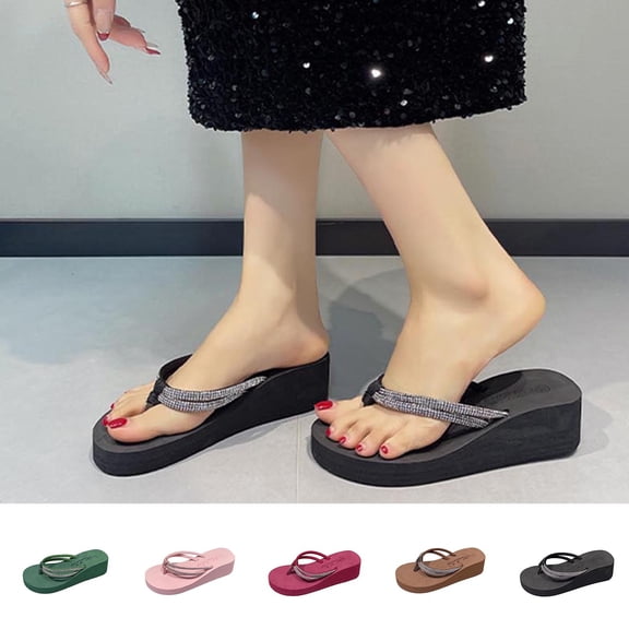 Agkizg Womens Beach Flip Flops, Thong Sandals, Rhinestone Wedge Heel Flip-Flops Comfortable Plus Size Open Toe Casual Summer Beach Thong Sandals