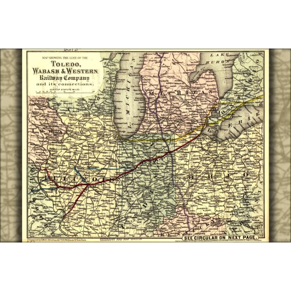 24"x36" Gallery Poster, Map of Toledo, Wabash, & Western Railway 1873