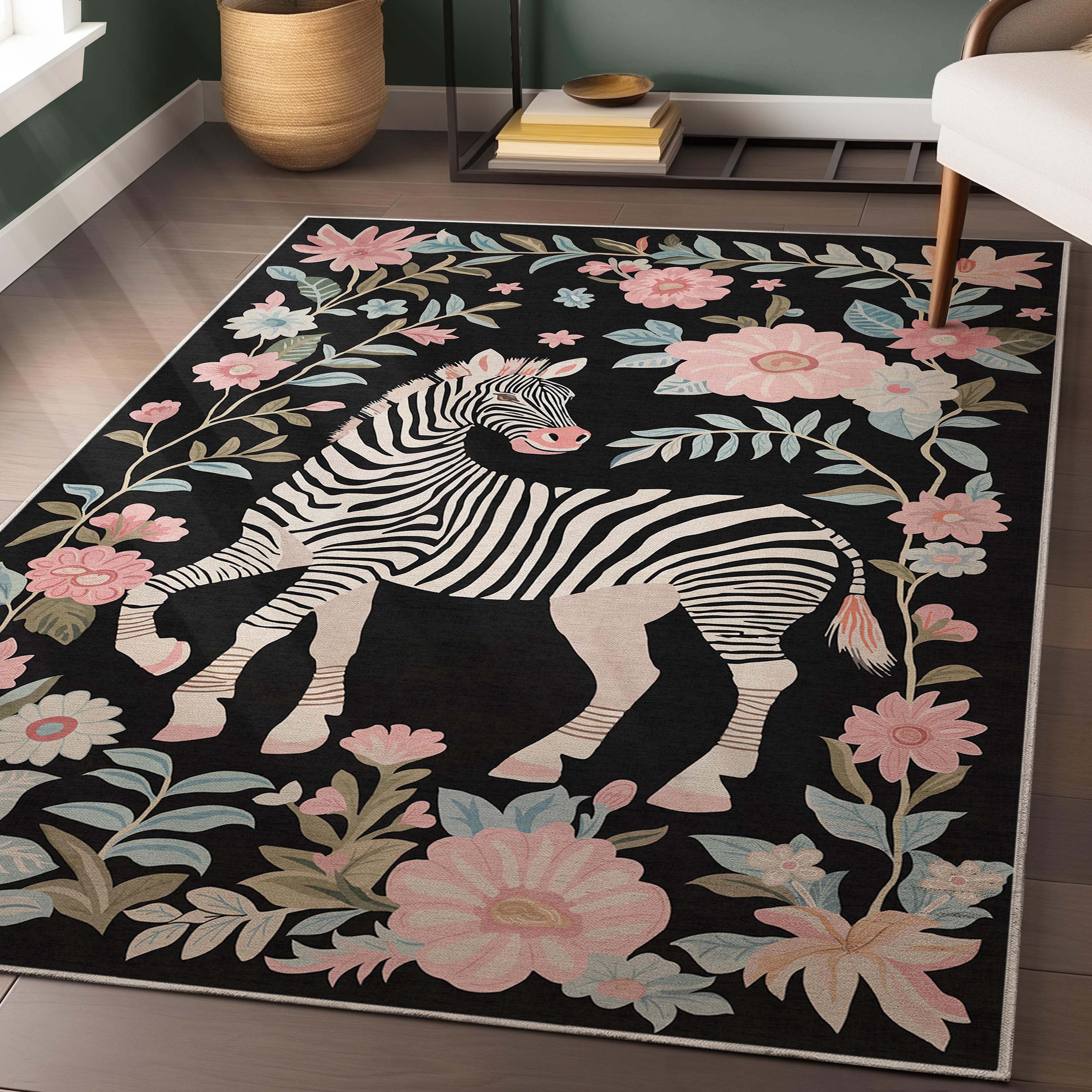 Well Woven Zebra Floral 5'3" x 7'3" Rug – Black, Stain-Resistant & Easy to Clean