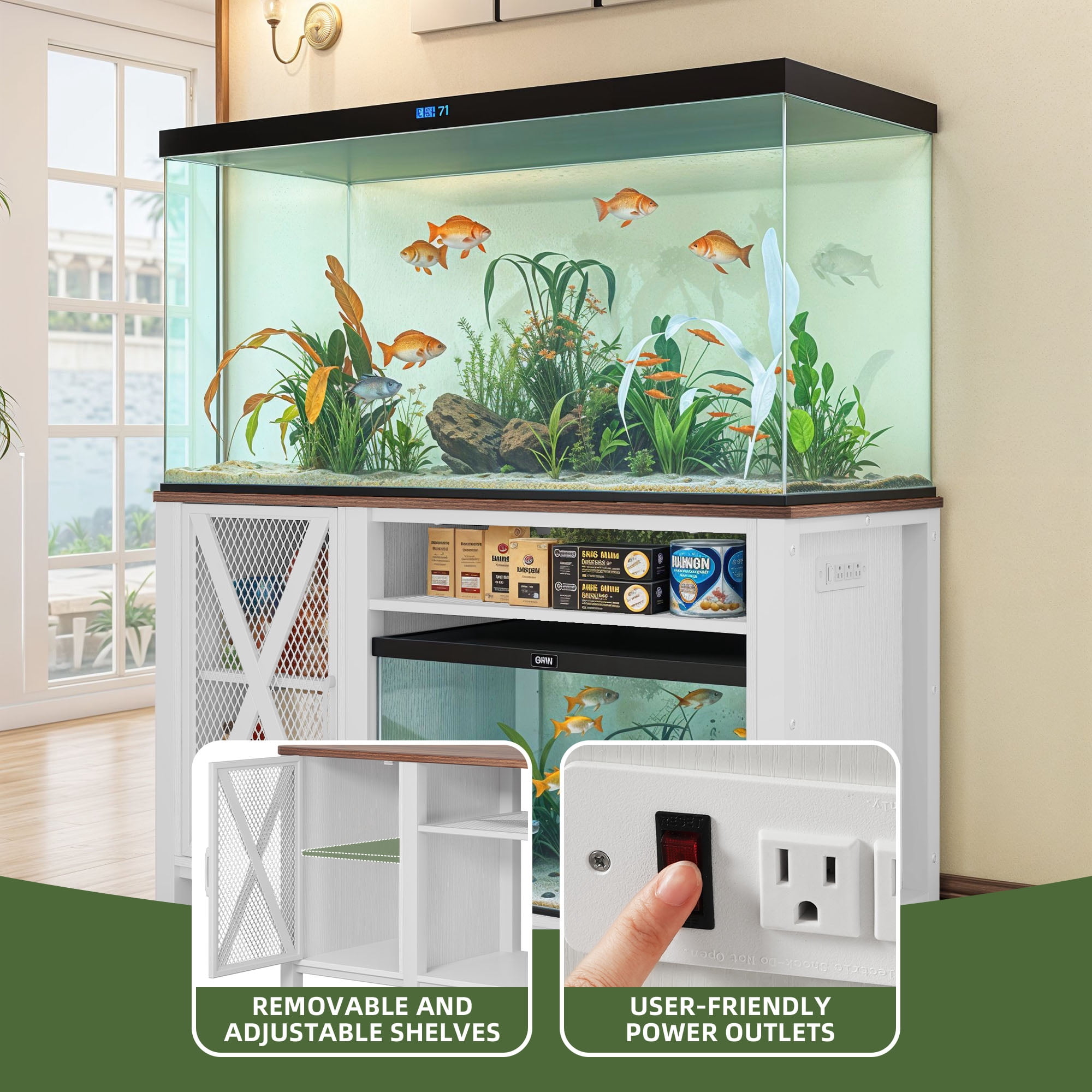 Dextrus Heavy Duty Metal Aquarium Stand with Power Outlets – 55-75 Gallon Tank, 880lbs Capacity, White