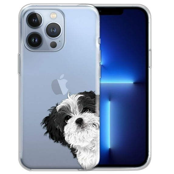 WIRESTER Soft TPU Clear Case Slim Protective Cover for Apple iPhone 13 Pro Max 6.7" 2021, Black White Shih Tzu Dog Hide And Seek