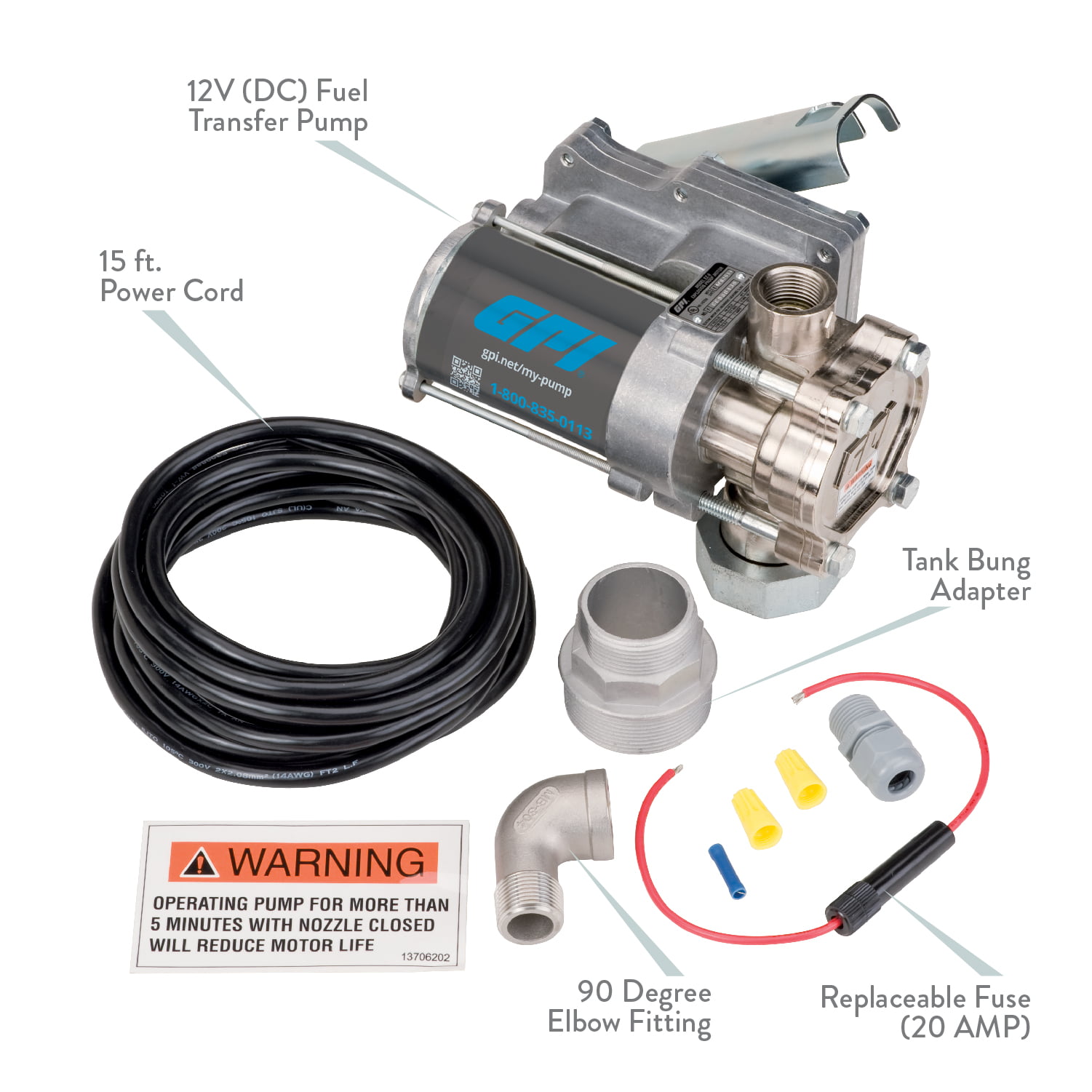 GPI - EZ-8 12v Fuel Transfer Pump (137100-05), Manual Shut-off Nozzle, 10'  Hose, Power Cord, Adjustable Suction Pipe, Spin Collar 