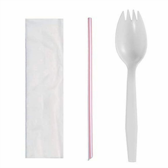 Daxwell Plastic Cutlery Kits, Medium Weight Polypropylene (PP), Spork, Spike Straw, Napkin, White, B10003081 (Case of 1,000)
