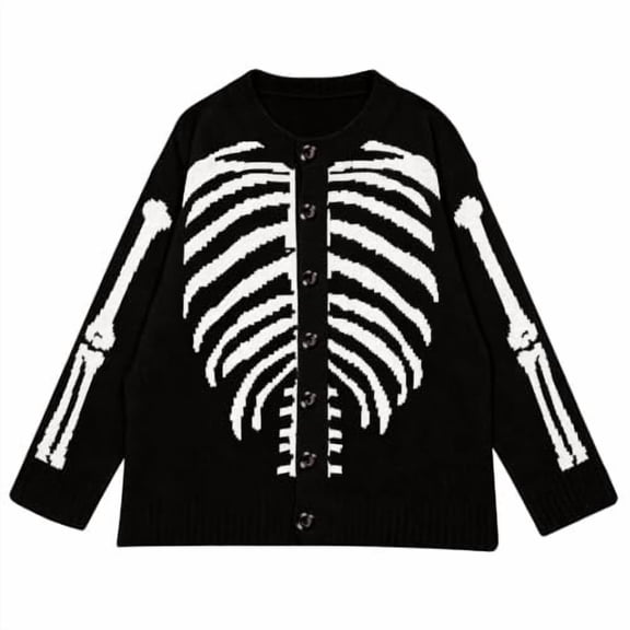 XAOFW Halloween Cardigan Sweaters For Women Skeleton Print Button Up Cardigans Womens Fall Winter Warm Knit Tops,Size L