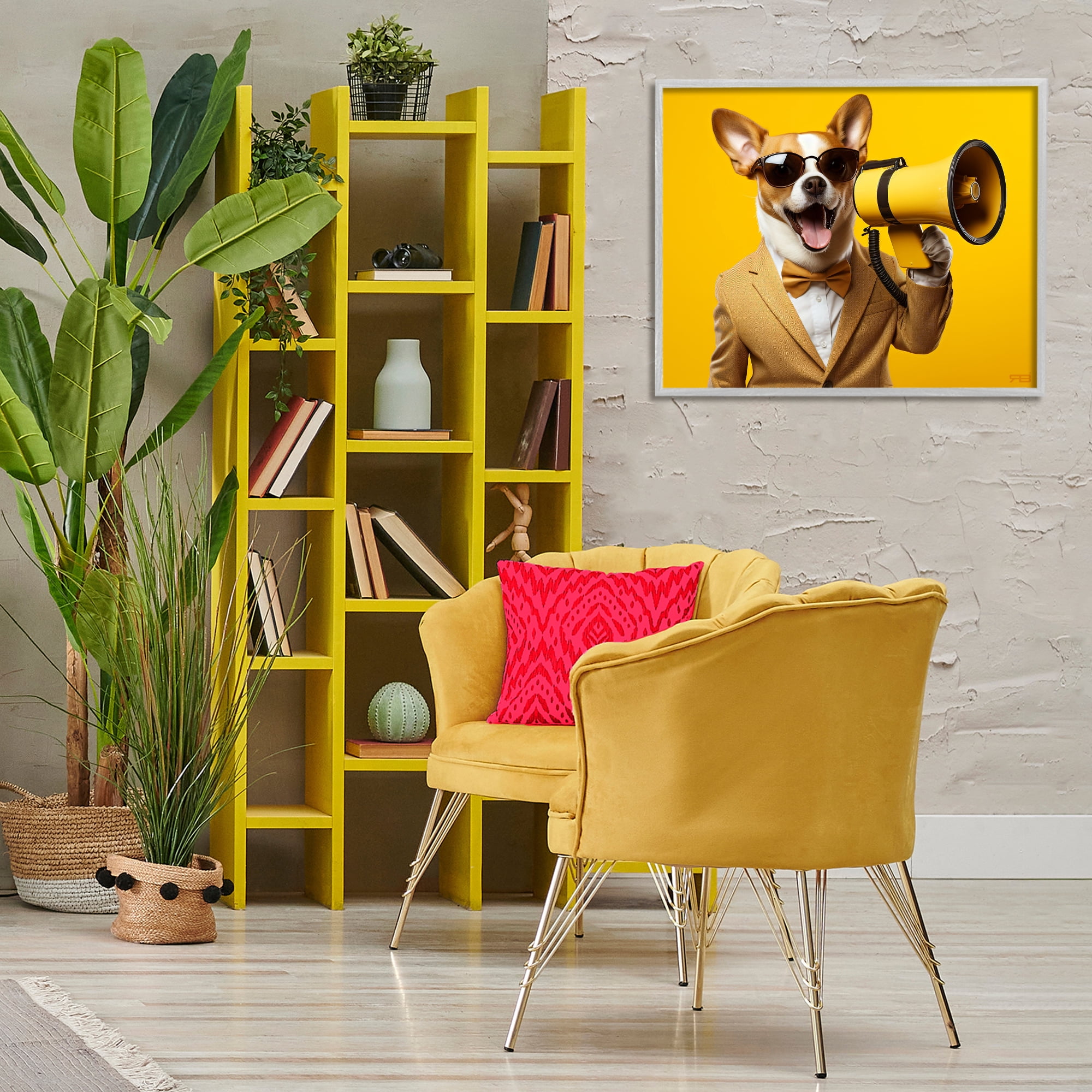 Stupell Industries Dog with Yellow Megaphone Animals & Insects Painting Gray Framed Art Print Wall Art, 30 x 24