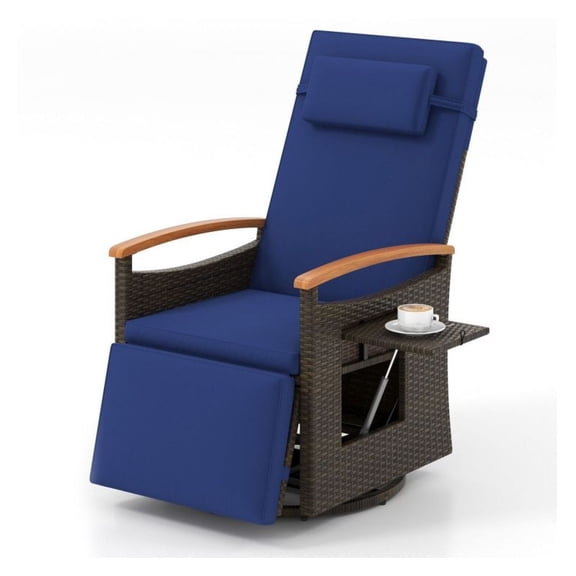 Patio Rattan Swivel Recliner Chair Set, 360° Outdoor Wicker Chair with Adjustable Backrest & Footrest, Beige Cushion, Side Table, 400lbs Capacity
