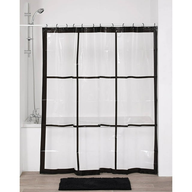 Transparent PEVA Shower Curtain - Black Window Design - 71x71 Inches