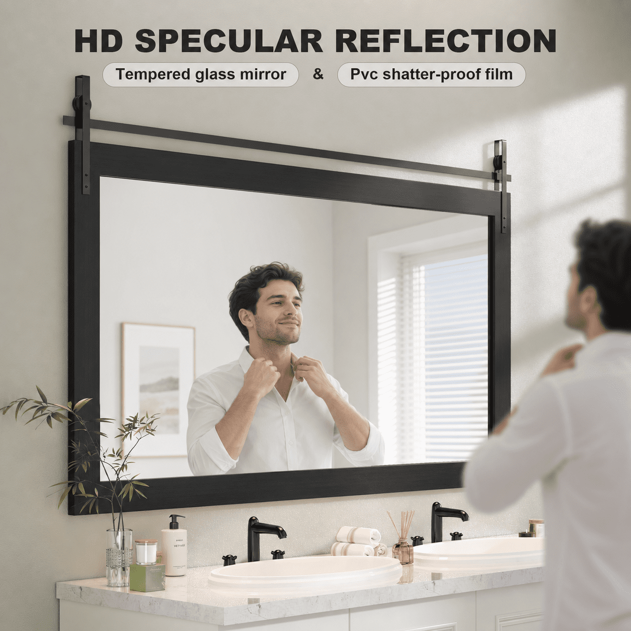 40x26-Inch Farmhouse Bathroom Mirror with Faux Wood Grain Frame, Rustic Wall Mounted Vanity Mirror and Decorative Mirror for Bathroom, Black