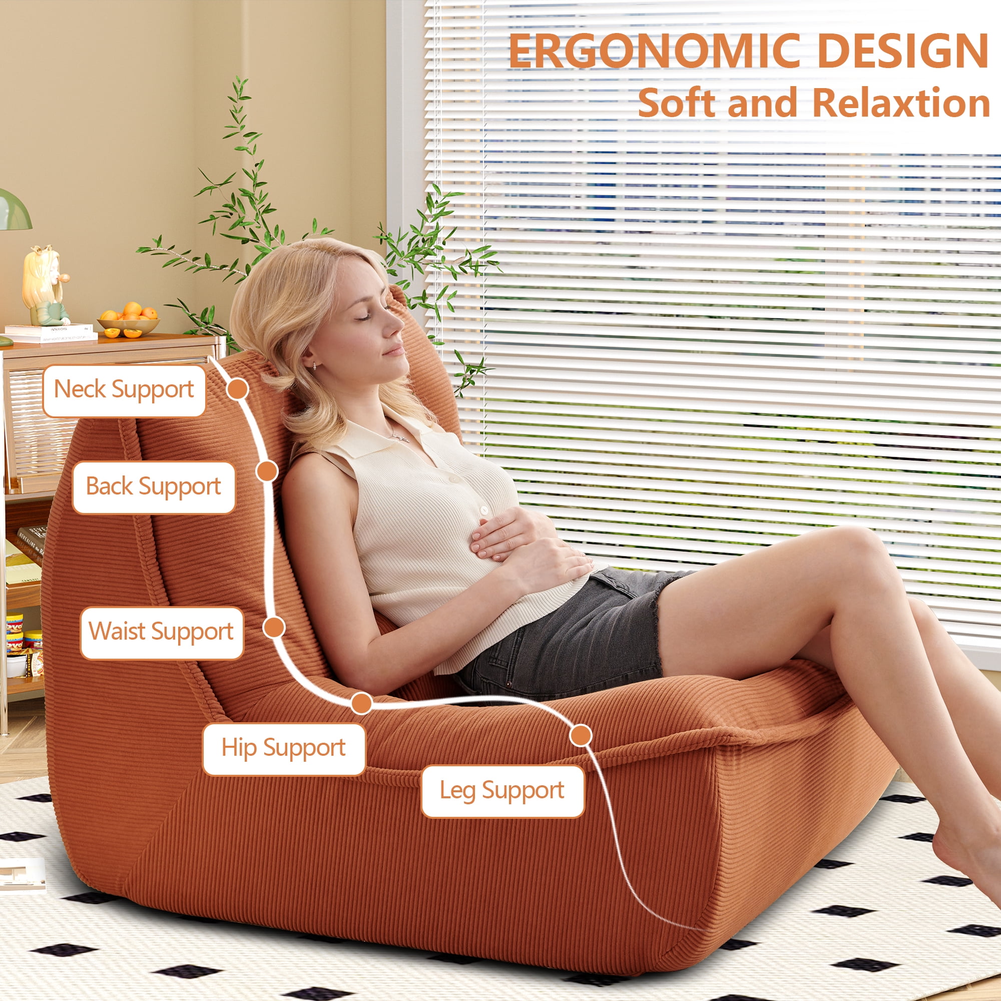 NBLDGT Bean Bag Chair for Adults, Single Lounge Chair with Lumbar Pillow, Comfy Floor Sofa with High-Resilience Foam, Lazy Accent Chair for Living Room, Bedroom, Apartment, Or Reading Corner, Orange
