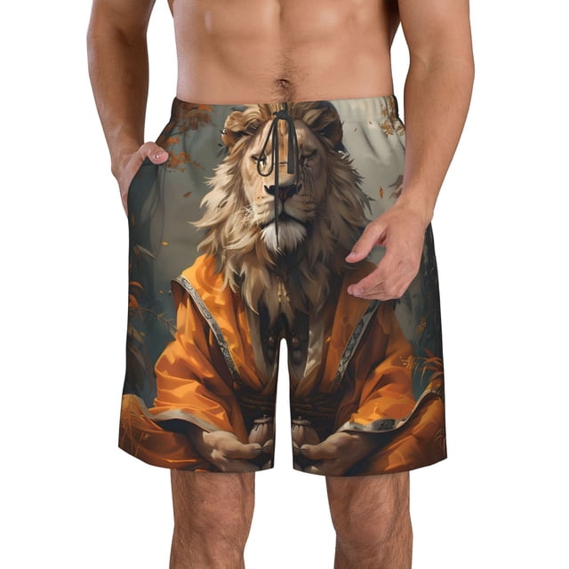 Balery Jungle Meditating Lion Traje de Baño Estilo Hawaiano para Hombre, Shorts de Secado Rápido con Bolsillos-3X-Large