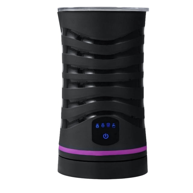 Electric Milk Frother 600ml with automatic shut-off feature, designed for hot and cold milk frothing. The black ABS body features a wavy textured design and a digital control panel with illuminated icons for easy operation. Suitable for preparing lattes, cappuccinos, and hot chocolates. US plug compatible with AC100-240V.