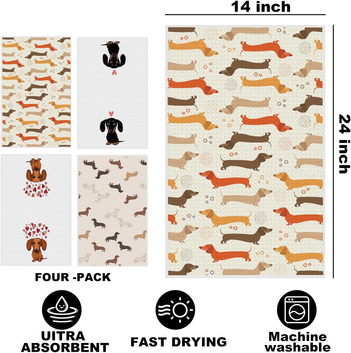 4 Pcs Dachshund Kitchen Towels 24x14 Inch, Dachshund Gifts Reusable Dish Towels for Kitchen Bathroom Decor, Waffle Weave Absorbent Hand Cloth Tea Towel, Cute Weiner Dog Gifts for Women Mom Friend