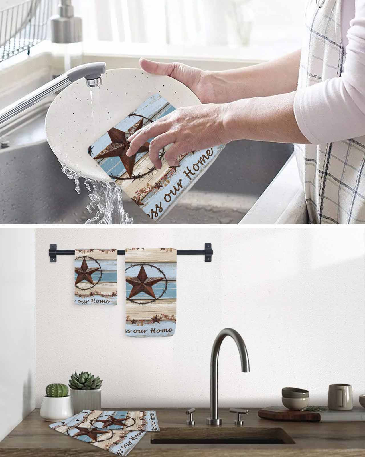 Country Star Blue Kitchen Dish Towels for Drying Dishes Set of 3, Farmhouse Western Texas Star Barn Waffle Weave Microfiber Terry Hand Tea Bathroom Towels Quick Dry & Absorbent Towel 15.7x23.6