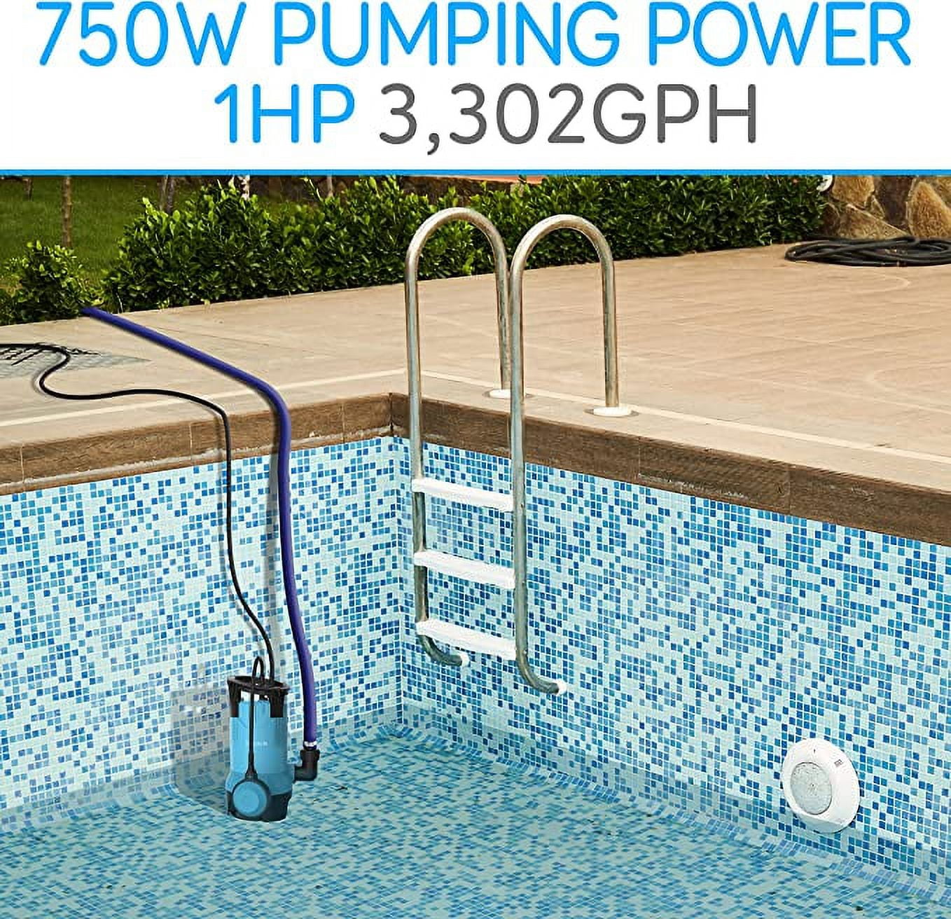 SereneLife Submersible Sump Pump for Pool Draining 750W 1HP 3302GPH Bonus 2 Fitting Attachment BLUE