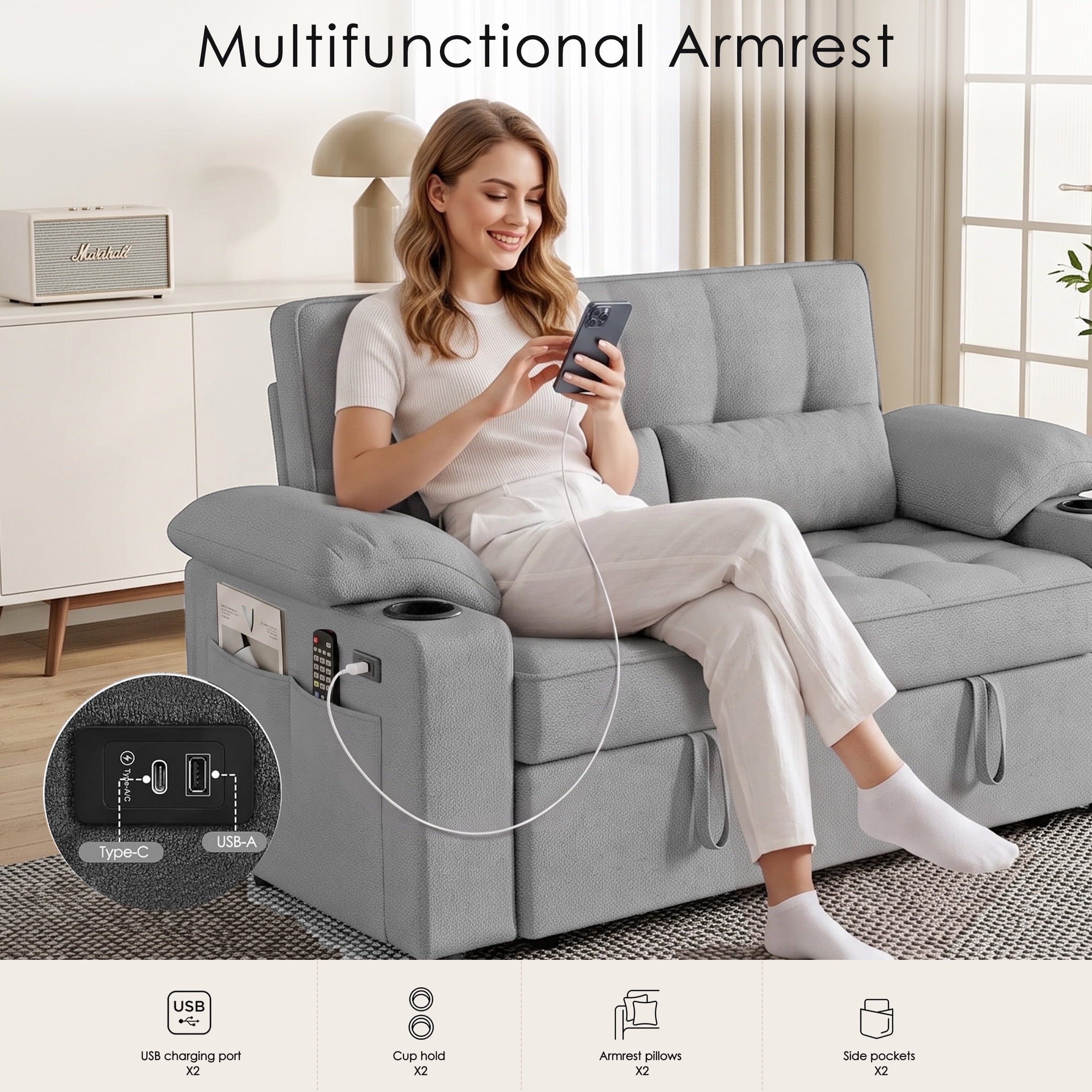 58" Convertible Sleeper Sofa Bed, Full Size Pull Out Couch with USB Charging, Cup Holders, Adjustable Backrest & Side Pockets, Towel Fabric Loveseat for Living Room, Apartment, Office (Light Gray)