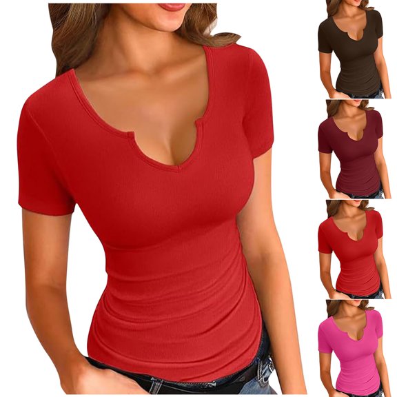 Nmnitkp Womens Summer Tops Comfortable and Breathable T-Shirt Summer Female Solid Color Casual T-Shirt V-Neck Pullover Tight-Fitting Short-Sleeved top T-Shirts Red,L