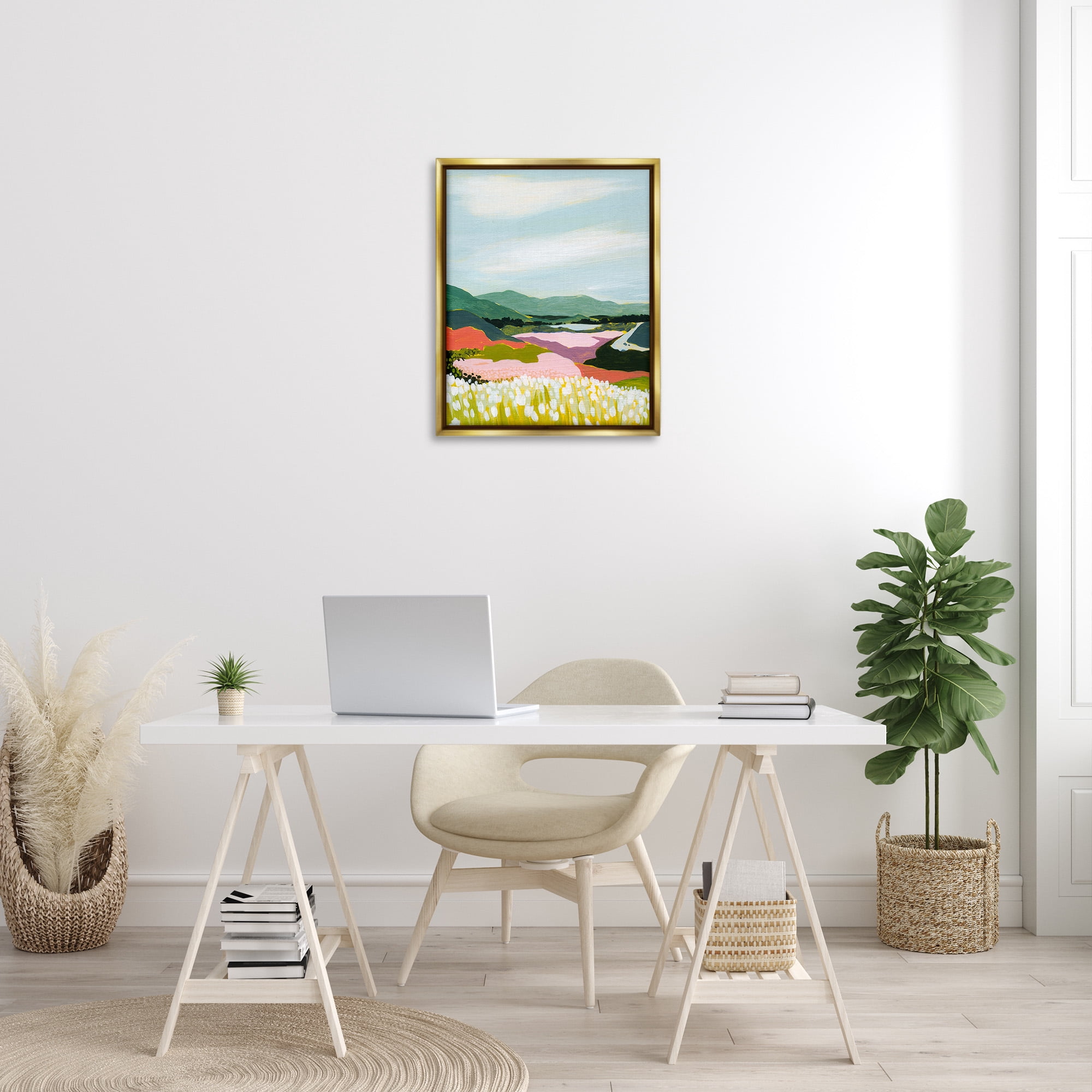 Stupell Industries Reeds & Distant Mountains Landscape Painting Gold Floater Framed Canvas Art Print Wall Art, 25 x 31
