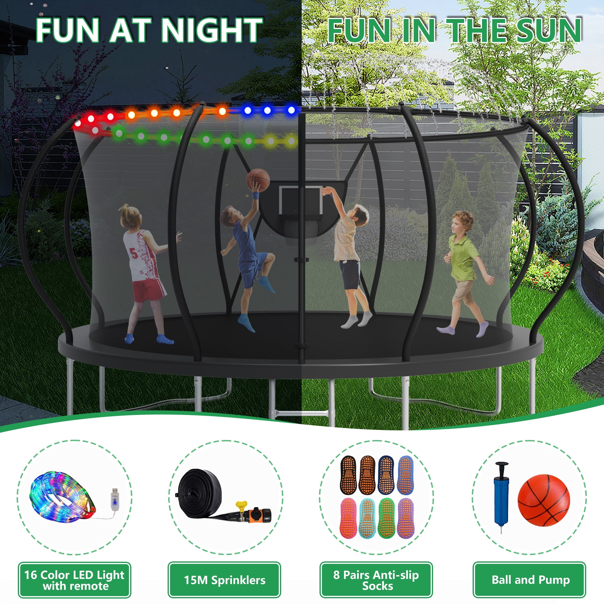 LHX Trampoline for Kids 12FT 14FT 16FT Outdoor Trampolines with Basketball Hoop, Safety Enclosure Net, Lights, Sprinklers, Socks, Recreational Heavy Duty Trampoline, 1200 LBS Loading, Easy to Install