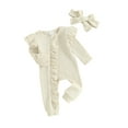 thumbnail image 2 of Musuos Newborn Girl Autumn Jumpsuit 3 6 12M Solid Color Round Neck Flying Sleeve Ruffled Zipper Romper with Bow Headband, 2 of 10