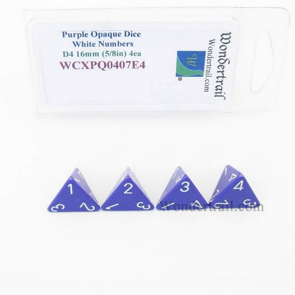Purple Opaque Dice with White Numbers D4 Aprox 16mm (5/8in) Pack of 4 Wondertrail
