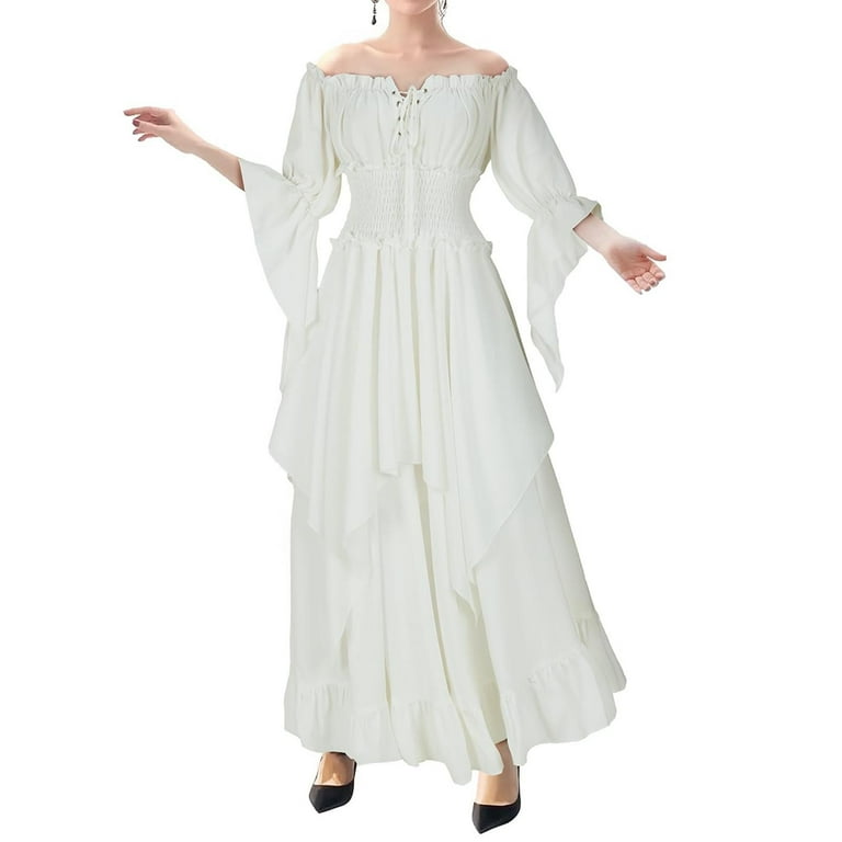 Tfeoqry Women's Renaissance Dress Off Shoulder Flare Sleeves Lace Up Front Layered Hem Medieval Outfit White, Size: XL Tfeoqry Women's Renaissance Dress Off Shoulder Flare Sleeves Lace Up Front Layered Hem Medieval Outfit White, Size: XL