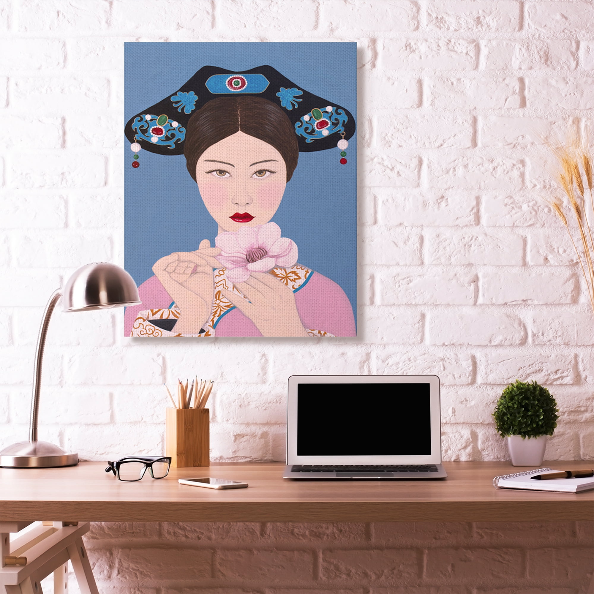 Stupell Home Décor Chinese Woman and Flower Pink Blue Painting Canvas Wall Art by Sally B
