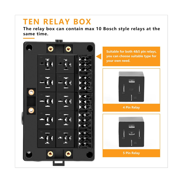 12V Automotive Fuse Relay Box Universal Block for Car, Truck - 10 Slot Style Relay Holder, 15 Slot ATC/ Fuse Holder