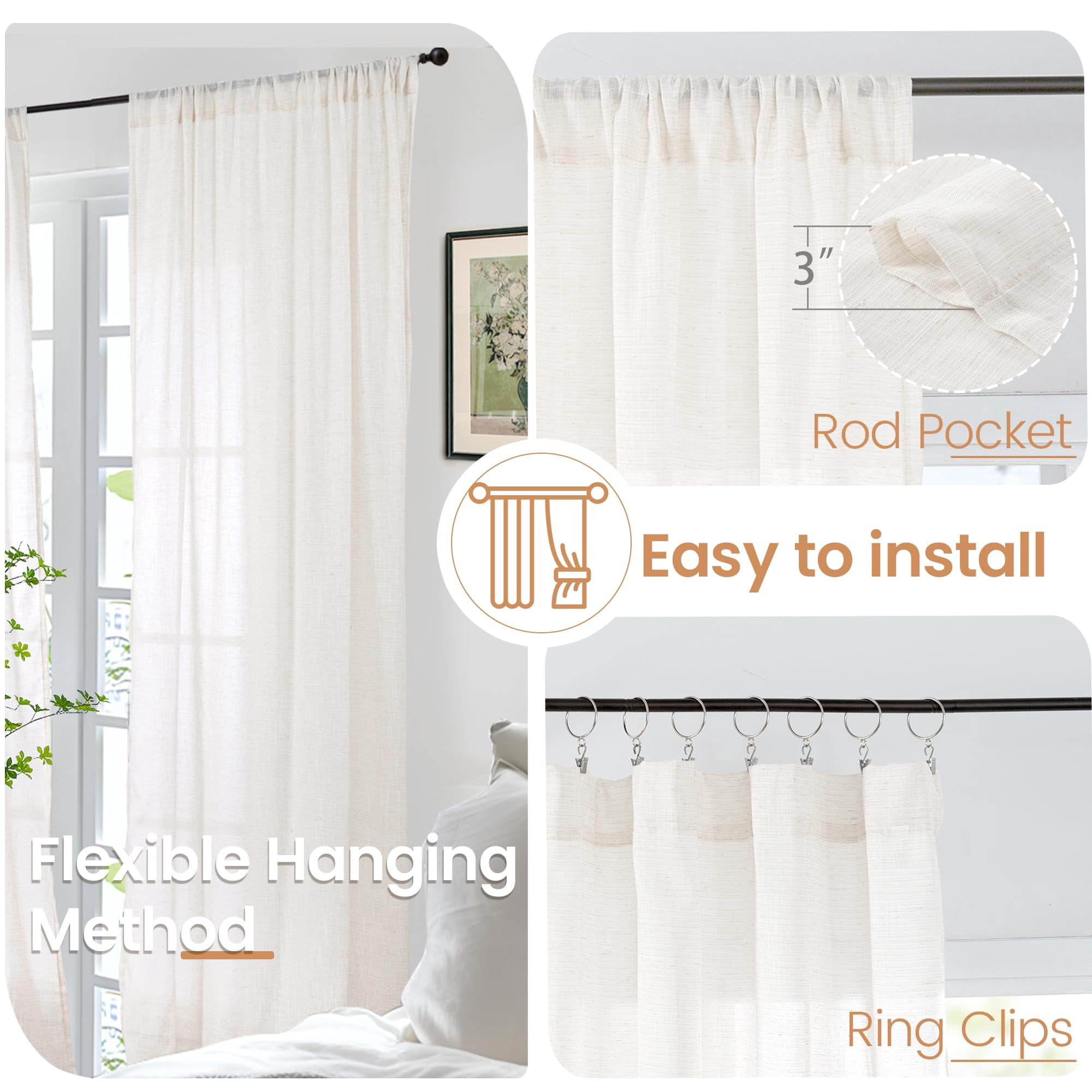 Linen Sheer Curtains 96 Inches Long For Bedroom  Natural Drapes Lightweight Living Room Dining Decor Floor Length Rustic With Rod Pocket Light Filtering 2 Panels Set 52 X 96 Inch