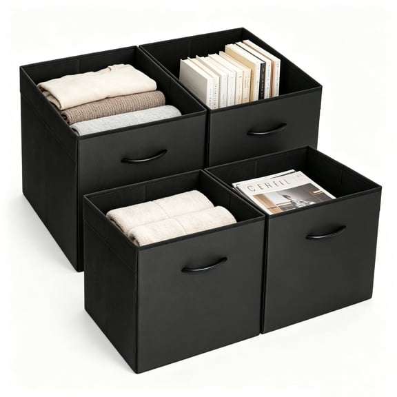 StorageWorks Black PU Leather Storage Cubes with Reinforced Panel, Collapsible Organizer Bins for Office Closet and Living Room, 4 Pack, 13 Inch