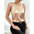 thumbnail image 4 of Women's Satin Contrast Lace V Neck Sleeveless Blouse Appliques Summer Tank Tops Champagne Color XXL, 4 of 7
