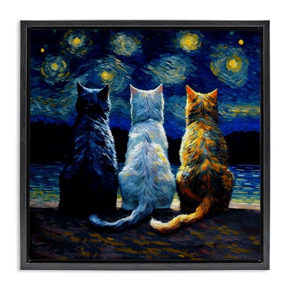 Stupell Industries Van Gogh Style Cats Animals Painting Black Floater Framed Canvas Art Print Wall Art, 18 x 18