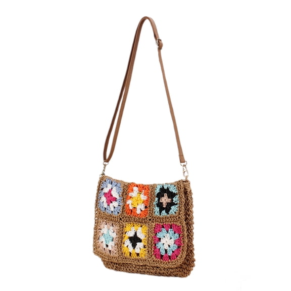 Casual Retro Crossbody Bag for Women Hollow Out Woven Paper Rope Crochet Flower Shoulder Bag Beach Purse with Zippered