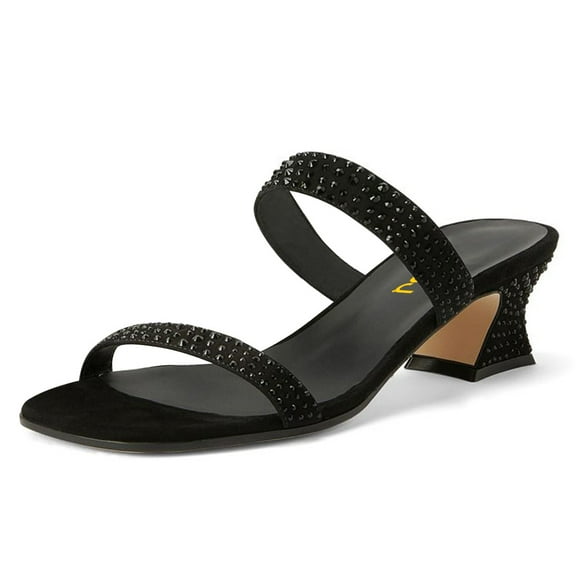 FSJ Women Bling Rhinestones Two Strap Square Open Toe Sandals Slip On Block Chunky Low Heel Mules Party Dating Dressy Shoes Size 8 Black