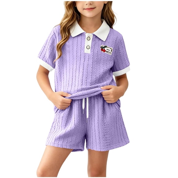 Juorvia Girls Summer Outfits 2pc Toddler Tween Sweatsuit Loose Fitted Collared T-Shirts Drawstring Waist Shorts(2-3 Years,Purple)