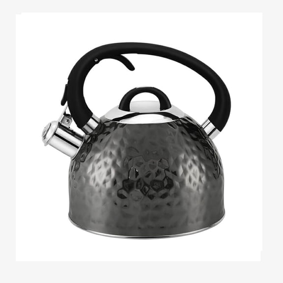 Whistling Tea Kettle 3 Liter Black Hammered Stainless Steel Stovetop Kettle - Ergonomic Handle with Push Button Spout