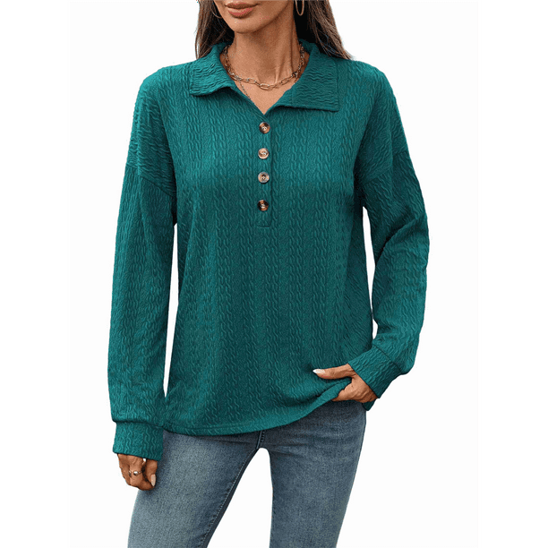 Blusas Holgadas de Larga con Botones y Solapa de Color Liso para Mujer, Otoño e Invierno Azul Pavo Real L