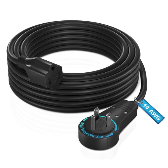 Maximm Extension Cord 15 Feet 360° Rotating Flat Plug, 3-Prong Grounded Power Cable UL Certified, 13A 125V, Heavy Duty 14AWG Wire Black