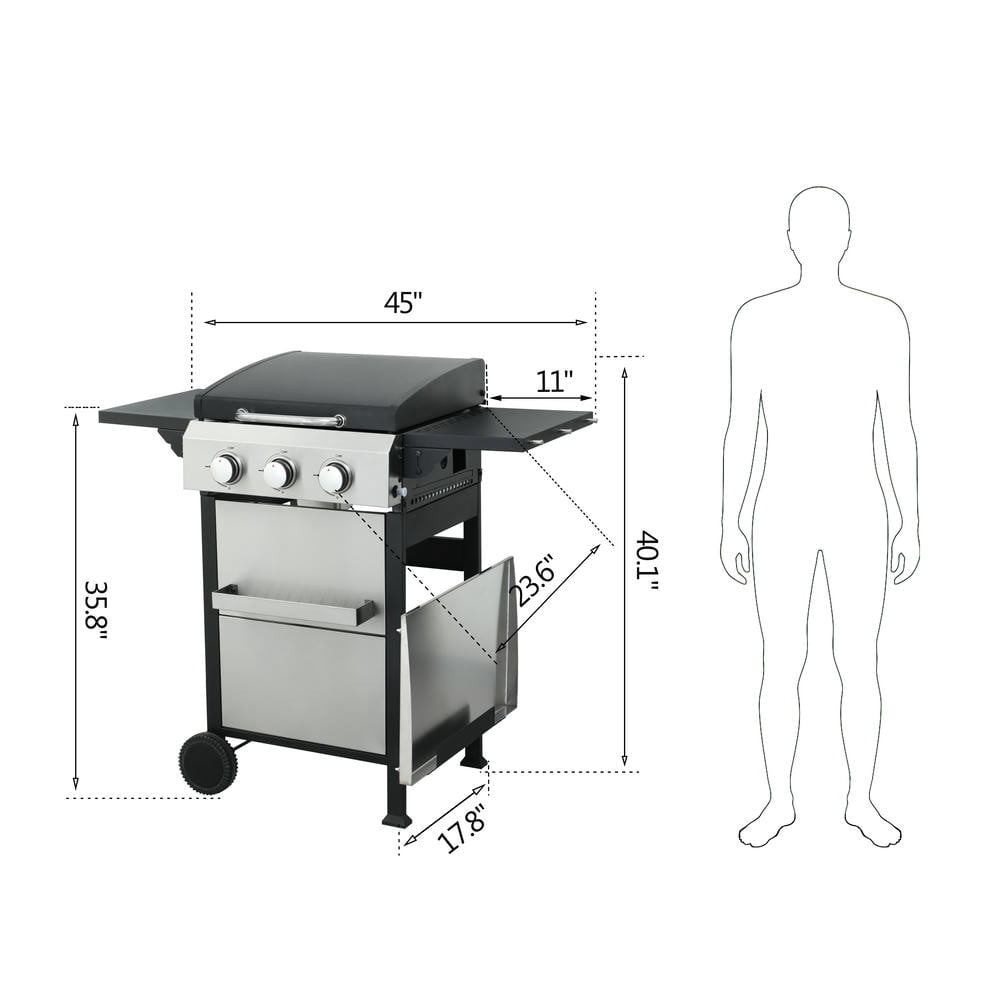 Barara King BBQ Grill, Outdoor Camping Grill,3-Burner Propane Gas BBQ Grill, SS Plancha, 36900BTU Output With Wire Enamel Cooking Grids