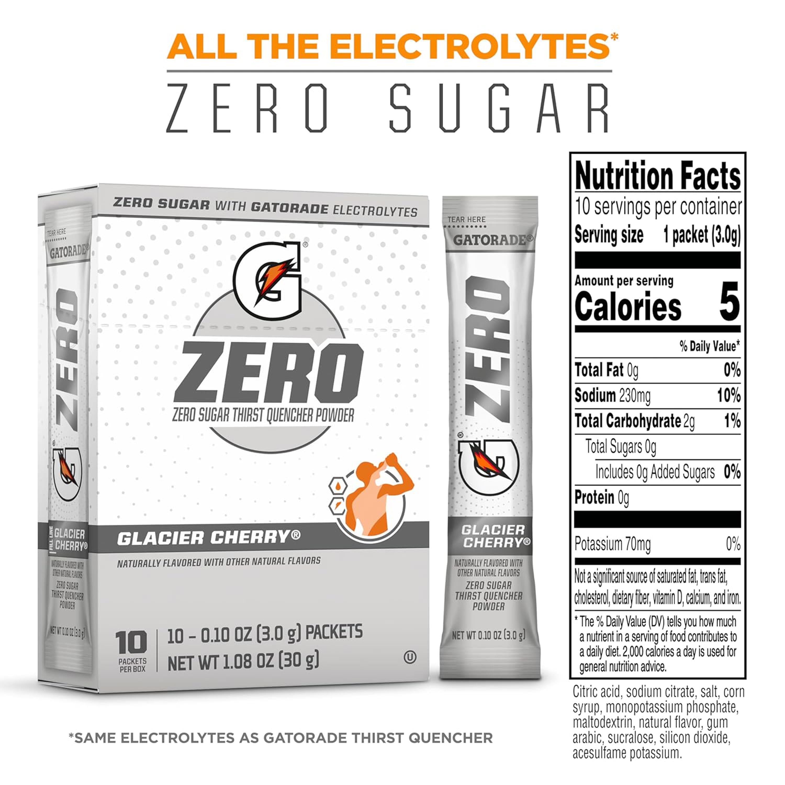 (12 pack) Gatorade G Zero Sports Drink Glacier Cherry, Powdered Energy Drink Mix, 0.10 oz,  10 Count Packets