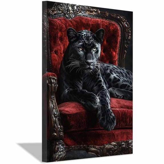 Mudket Framed Black Leopard Wall Art, Red Chair Leopard Canvas Print, Luxury Animal Decor for Living Room, Ready to Hang - 12"L x 8"W