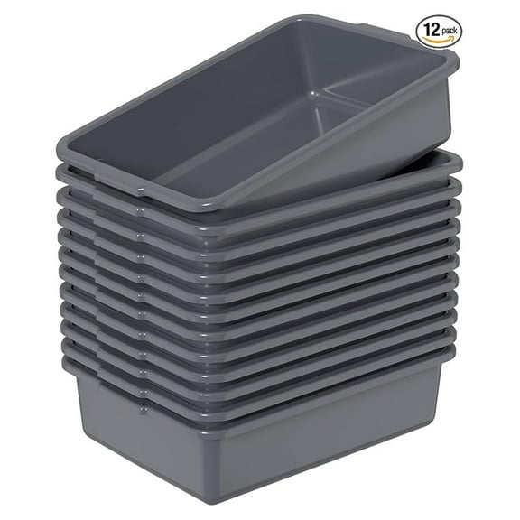 12 Pack Bus Tubs - 13L Plastic Dishwashing Containers, Gray Restaurant Wash Basins - Heavy Duty Laundry Bins, Storage Boxes, Planting Containers